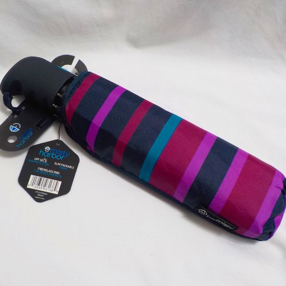 Misty Harbor Rainbow Stripe Auto Open Umbrella W/Slipcover & Hand Strap NWT